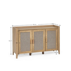 Wooden cabinet with metal mesh doors and dimensions on a white background