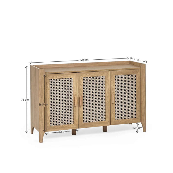 Wooden cabinet with metal mesh doors and dimensions on a white background