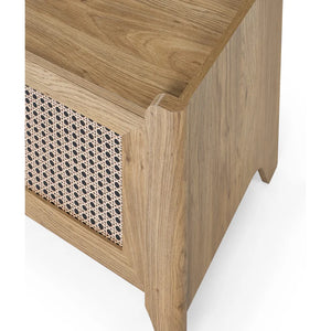 Wooden side table with wicker basket on a white background