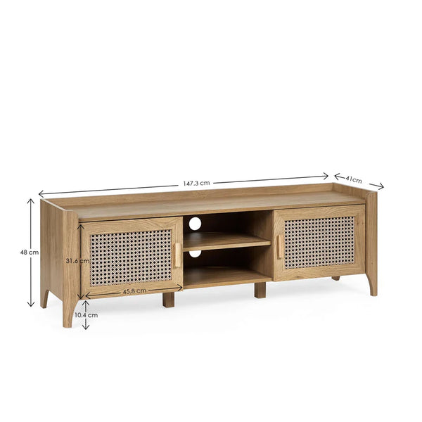 Wooden TV stand with dimensions on a white background