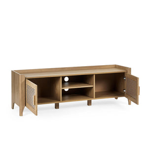 Wooden TV stand with open doors on a white background