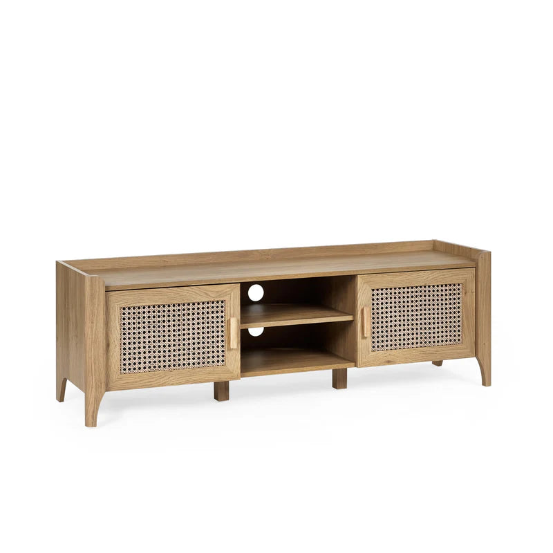 Wooden TV stand with rattan doors on a white background
