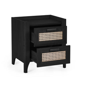 Black nightstand with two drawers featuring woven patterns on a white background