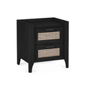 Black nightstand with woven drawer handles on a white background
