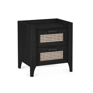 Black nightstand with woven drawer handles on a white background