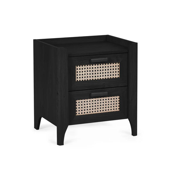 Black nightstand with woven drawer handles on a white background