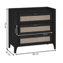 Black dresser with rattan drawers and dimensions on a white background