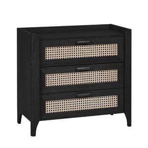 Black dresser with woven drawer fronts on a white background