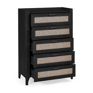 Black dresser with wicker-like drawer fronts on a white background