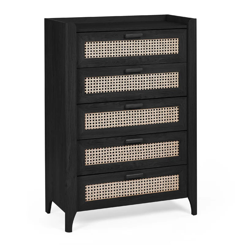 Black dresser with wicker drawer fronts on a white background