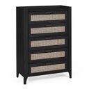 Black dresser with wicker drawer fronts on a white background