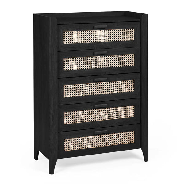 Black dresser with wicker drawer fronts on a white background