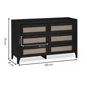 Black dresser with wicker-like drawer fronts and dimensions on a white background