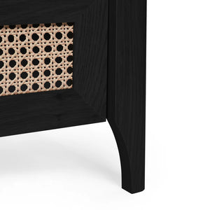 Black wooden furniture with woven cane backrest on a white background