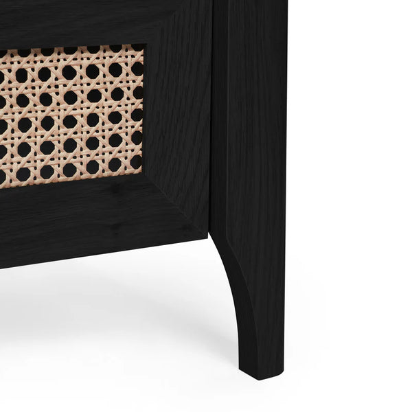 Black wooden furniture with woven cane backrest on a white background
