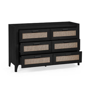 Black dresser with woven drawer fronts on a white background