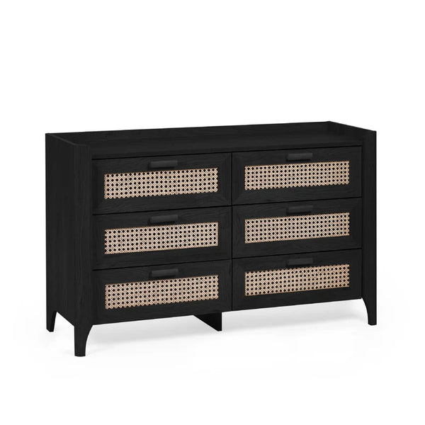 Black dresser with woven patterns on a white background