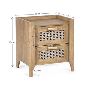Wooden nightstand with dimensions labeled on a white background