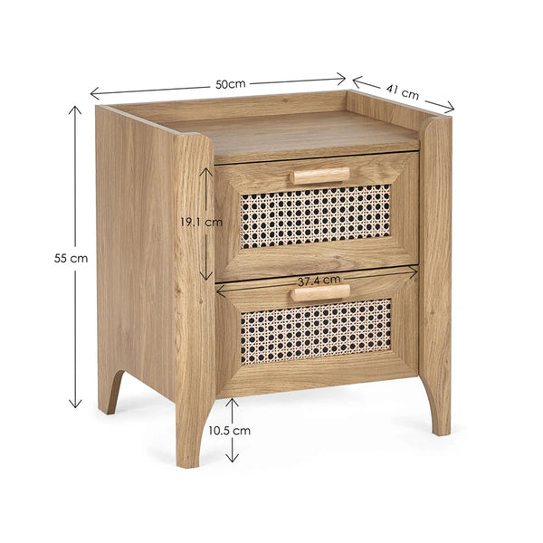 Wooden nightstand with dimensions labeled on a white background