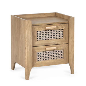 Wooden nightstand with two drawers on a white background