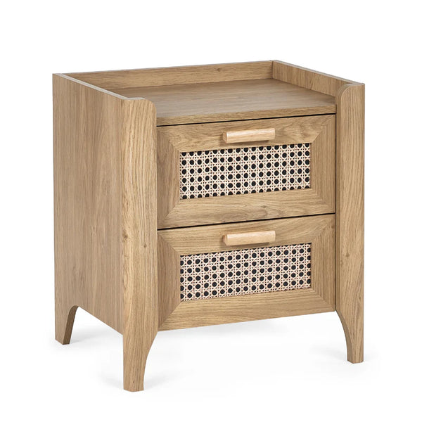 Wooden nightstand with two drawers on a white background