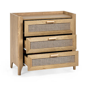 Wooden dresser with three drawers featuring a woven design on a white background