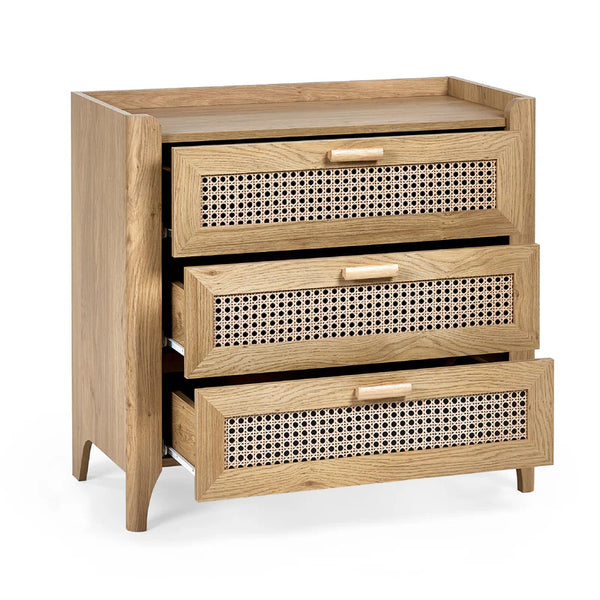 Wooden dresser with three drawers featuring a woven design on a white background