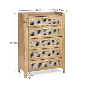 Wooden cabinet with rattan drawers and dimensions labeled on a white background