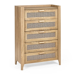Wooden dresser with rattan-style drawer fronts on a white background