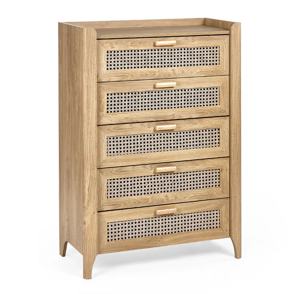 Wooden dresser with rattan-style drawer fronts on a white background