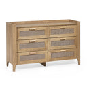 Wooden dresser with wicker-style drawers on a white background