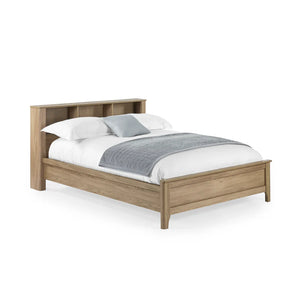 Wooden bed with white bedding and gray blanket on a white background
