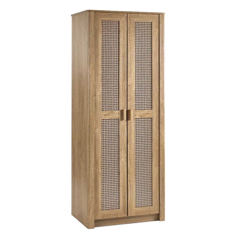 Wooden wardrobe with rattan-style mesh doors on a white background