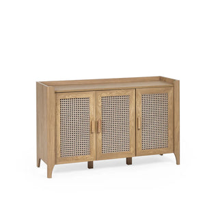 Wooden sideboard with rattan doors on a white background