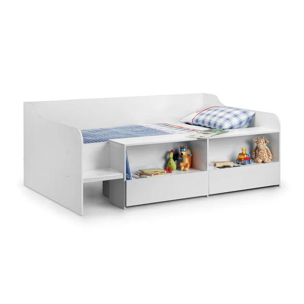White children's bed with storage compartments and toys on a white background