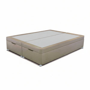 Beige divan base with end lift ottoman base closed position on a white background