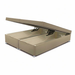 Beige divan base with open end lift ottoman storage on a white background