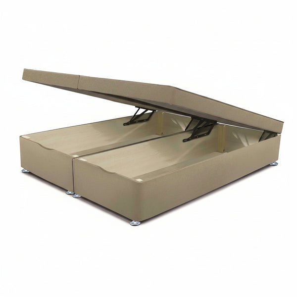 Beige divan base with open end lift ottoman storage on a white background