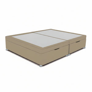 Beige divan base with closed side lift ottoman storage on a white background