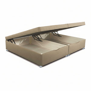 Beige storage bed with open lid on a white background