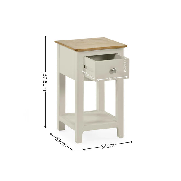 Small side table with dimensions on a white background