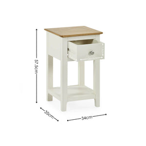 Small wooden side table with dimensions on a white background