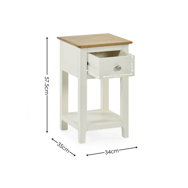 Small wooden side table with dimensions on a white background