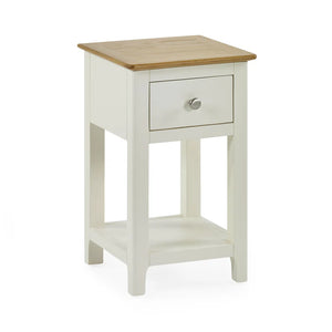 White side table with a wooden top on a white background