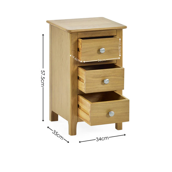 Wooden nightstand with three drawers and dimensions on a white background