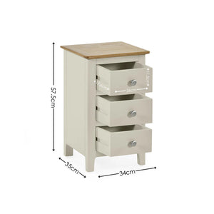 Small wooden dresser with three drawers and dimensions labeled on a white background