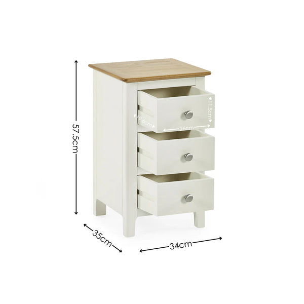 White wooden nightstand with three drawers and a measurement chart on a white background