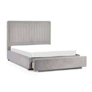 Gray upholstered bed with storage drawers on a white background
