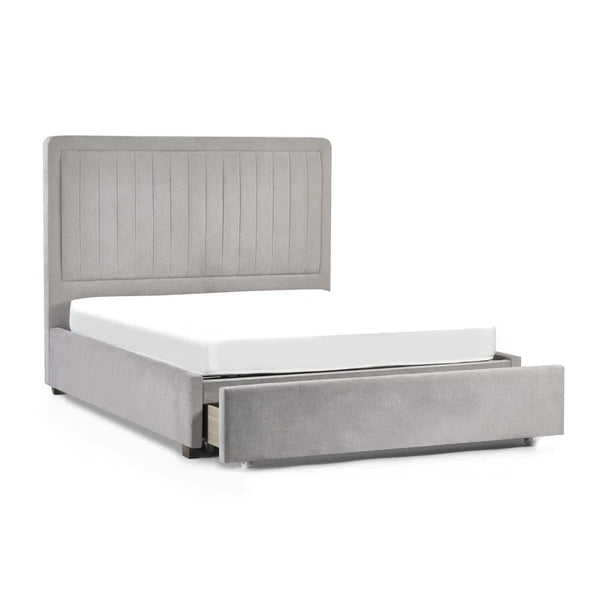 Gray upholstered bed with storage drawers on a white background