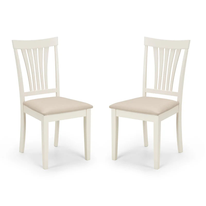 Two white chairs with beige seats on a white background